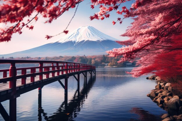 Foto el monte fuji y la flor de cereza en el lago kawaguchiko en japón la colorida temporada de otoño y el monte fuji con niebla matutina y hojas rojas en el lago kawaguchiko generado por ia
