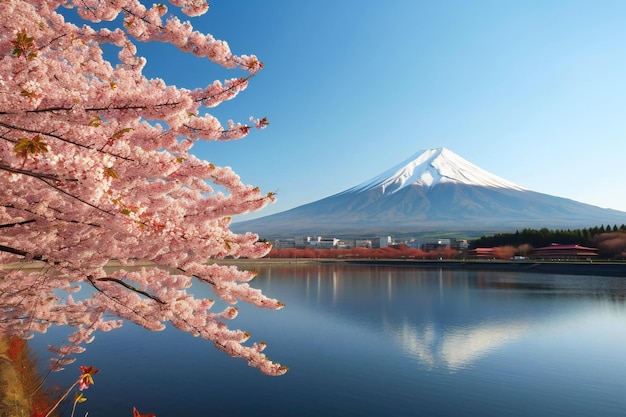 Monte Fuji y flor de cerezo en el lago Kawaguchiko en Japón