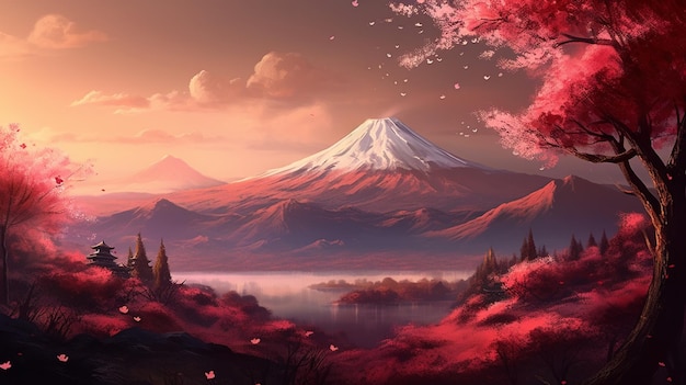 Monte Fuji con flor de cerezo Montañas volcánicas de Japón AI Generativo