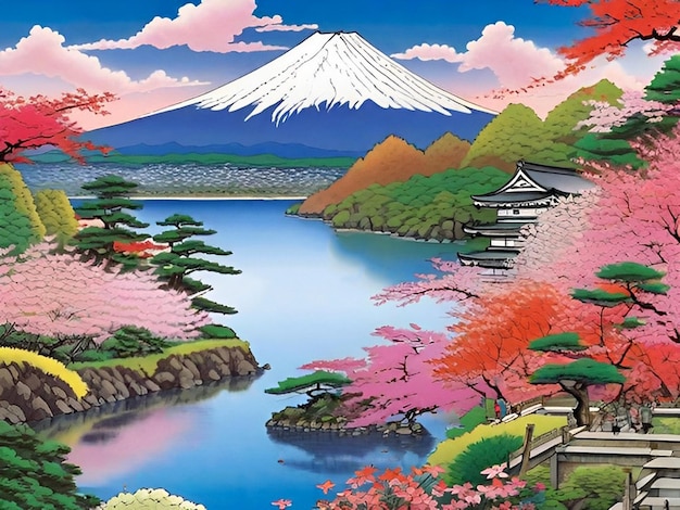 El monte Fuji con flores y árboles exuberantes