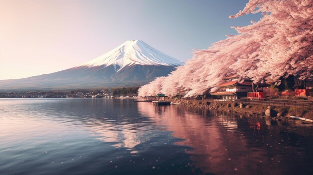 Monte Fuji con flores de cerezo en el lago Kawaguchiko en Japón Montaña Fuji Generetive Ai