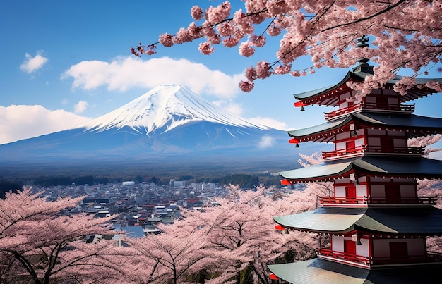 El monte Fuji con flores de cerezo y la pagoda chureito