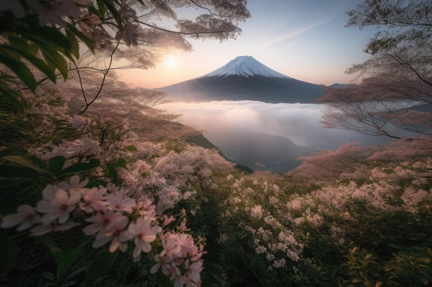 El Monte Fuji, el majestuoso volcán, el sereno lago, las sakuras en flor, la IA generativa.