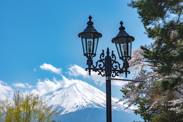 Monte fuji mt fuji com fundo de céu azul em flores de cerejeira rosa na primavera lago kawaguchiko