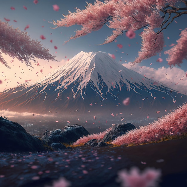 Monte Fuji y ondulantes pétalos de sakura dispersos