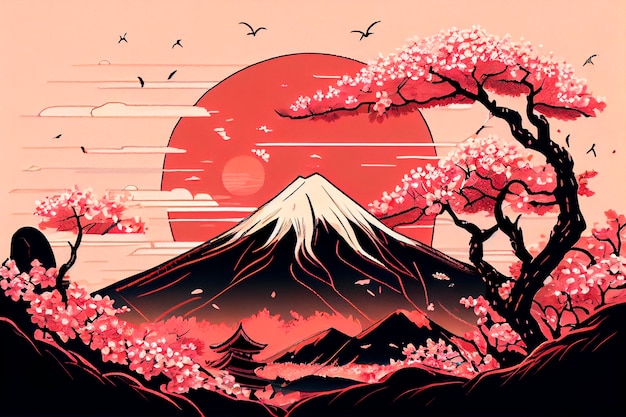 Monte fuji y paisaje de flor de cerezo ilustración de manga japonesa