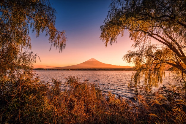 monte Fuji sobre el lago Kawaguchiko con follaje de otoño al atardecer en Fujikawaguchiko, Japón.