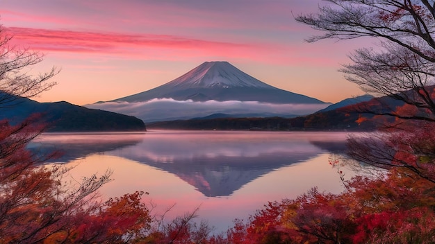 Foto monte fuji sobre o lago kawaguchiko com folhagem de outono ao nascer do sol em fujikawaguchiko, japão