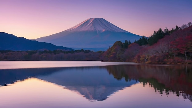 Foto monte fuji sobre o lago kawaguchiko com folhagem de outono ao nascer do sol em fujikawaguchiko, japão