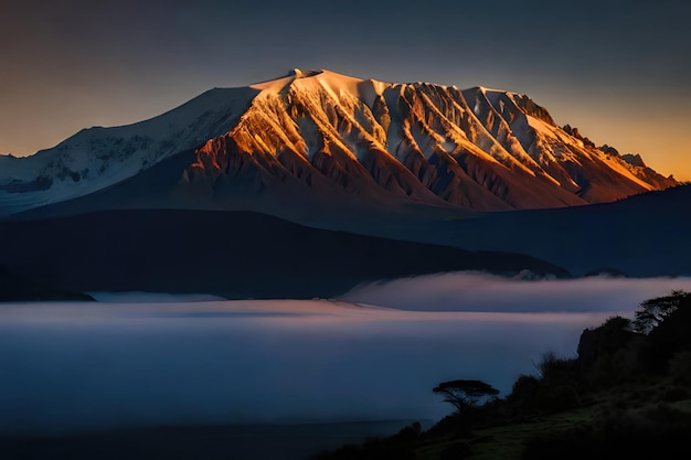 Monte Kilimanjaro e linha de nuvens ao pôr do sol vista da paisagem de savana em Amboseli Quênia África