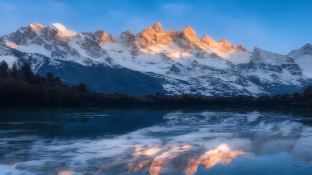 Monte Mont Blanc cubierto de nieve reflejándose en el agua por la noche en chamonix