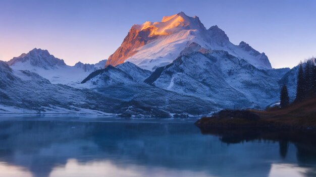 Monte Mont Blanc cubierto de nieve reflejándose en el agua por la noche en chamonix