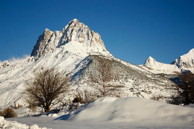 monte nevado del Pirineo, Foratata. Paisaje con nieve en Sallent de Gallego. Huesca