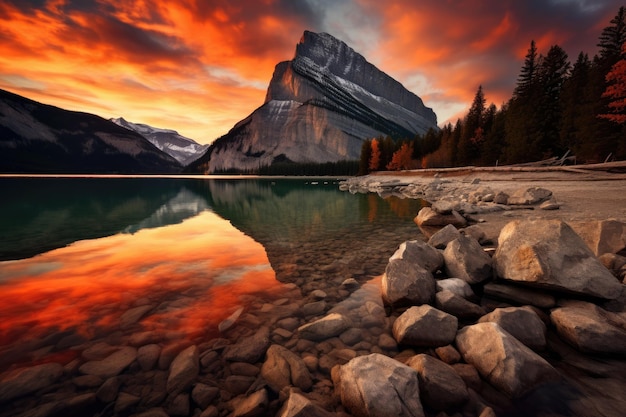 Foto monte rainier montañas rocosas canadienses parque nacional banff alberta canadá el amanecer se refleja en una montaña naranja en el lago minnewanka en el parque nacional banff canadá generado por ia