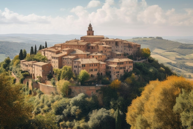 Montepulciano Toskana malerische Landschaft charmantes Dorf grüne Hügel generative IA