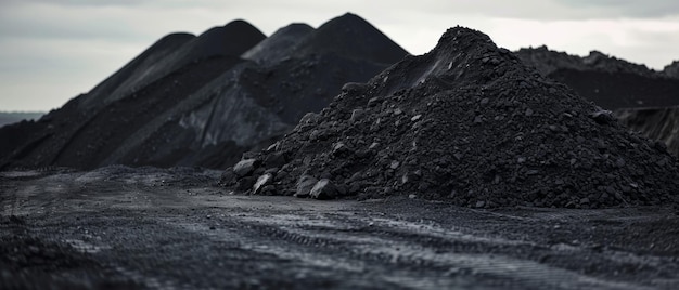 Montes de carvão contra uma paisagem estéril evocando a energia bruta e o impacto ambiental da indústria mineira