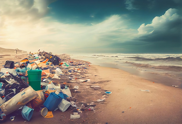 Montes de lixo na praia Conceito de poluição do ambiente