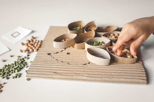 Foto montessori y desarrollo sensorial un niño juega con materiales naturales y clasifica cereales