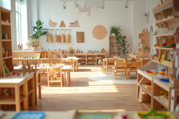 Montessori-Erste-Bildung Kindergarten Vorschulklasseninterieur mit Holzmöbeln pädagogisches Material Holzpädagogisches Spielzeug