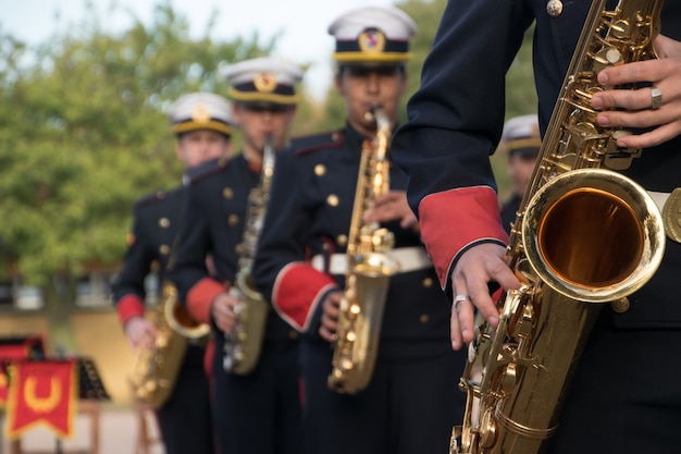 MONTEVIDEO, URUGUAY, 11 DE JUNIO DE 2017; Grupo de saxofonista de la Banda del Bachillerato Militar.