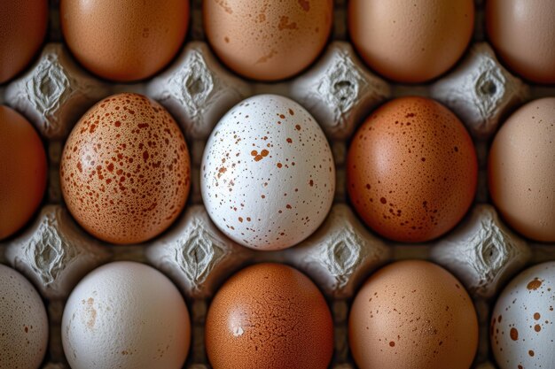 Foto un montículo de huevos blancos y marrones generativo ai