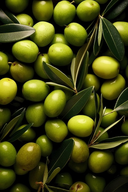 Un montón de aceitunas verdes están en una mesa.