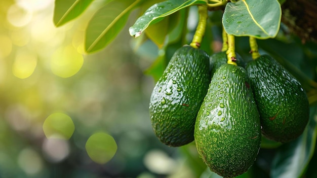 un montón de aguacates verdes colgando de un árbol