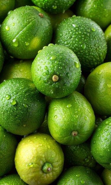 un montón de aguacates verdes con gotas de agua en ellos