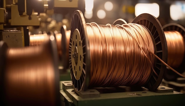 Un montón de alambre de cobre en una máquina verde