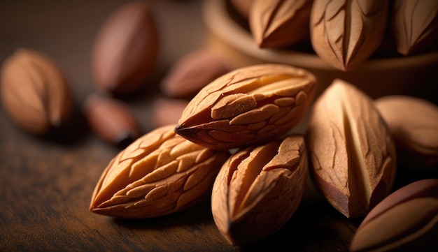 Un montón de almendras en una mesa de madera