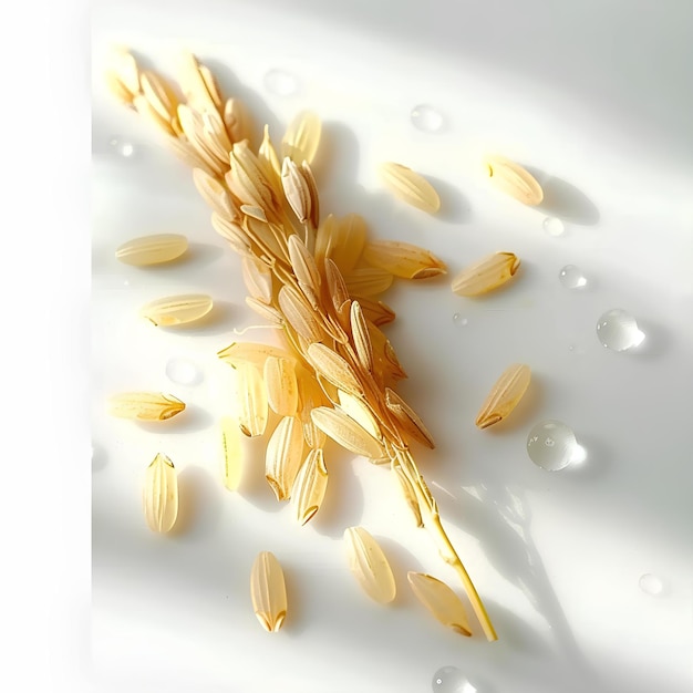 Un montón de avena en una superficie blanca con gotas de agua en ella y un fondo blanco con un blanco