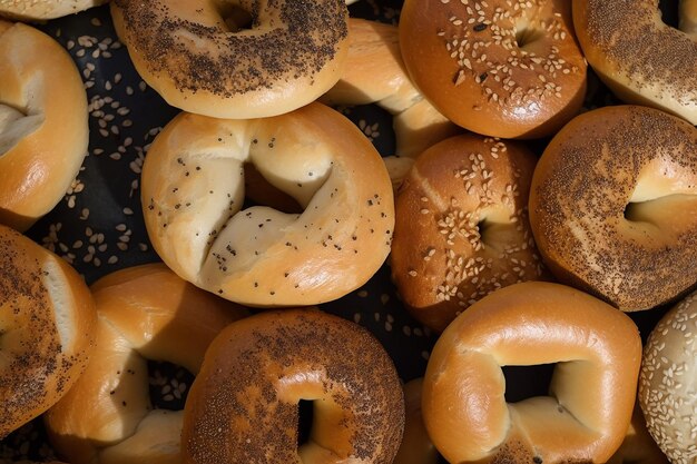 Un montón de bagels con uno que dice bagels.