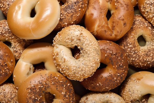 Un montón de bagels con uno que dice bagels.