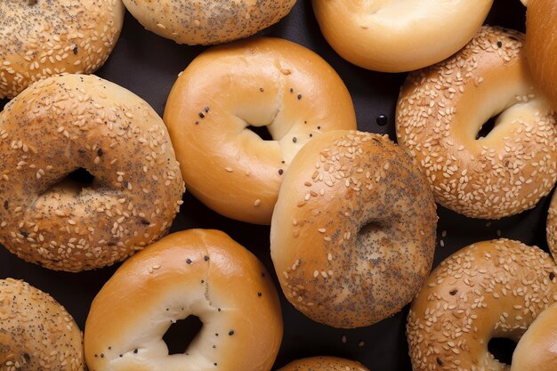 Un montón de bagels con semillas de sésamo en ellos