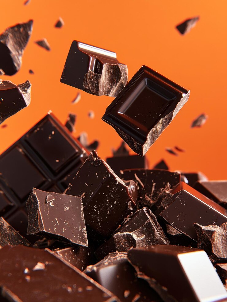 Un montón de barras de chocolate están volando por el aire