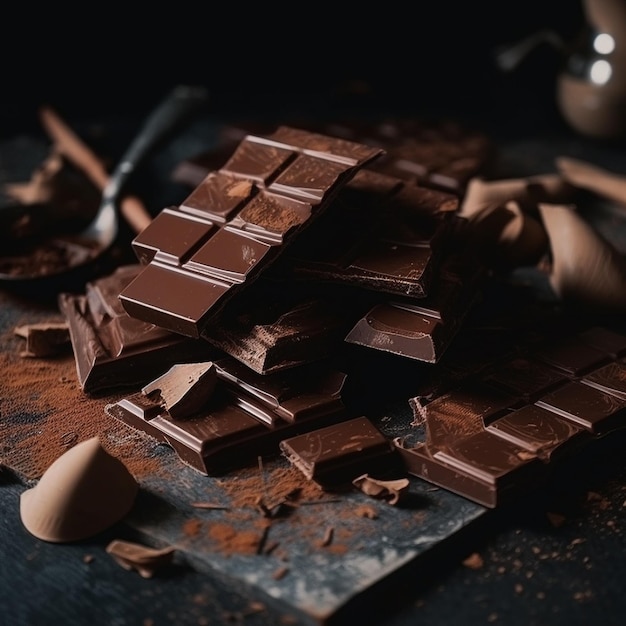 Un montón de barras de chocolate sobre una mesa con una cucharada de chocolate.