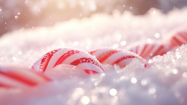 un montón de bastones de caramelo en la nieve.