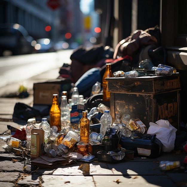 Un montón de basura y una caja de cerveza en la acera.