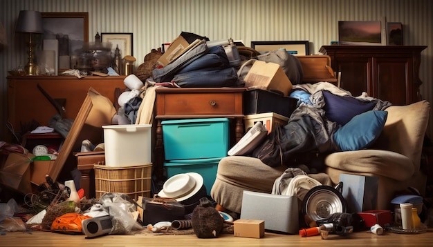 Montón de basura en una casa, habitación de acaparador, montón de enseres domésticos que necesita limpieza