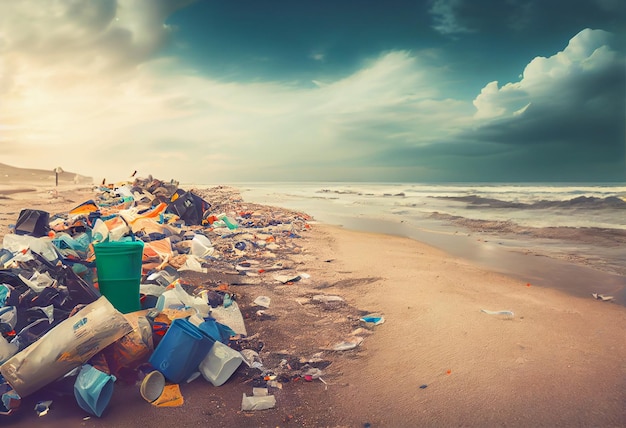 Montón de basura en la playa Concepto de contaminación del medio ambiente