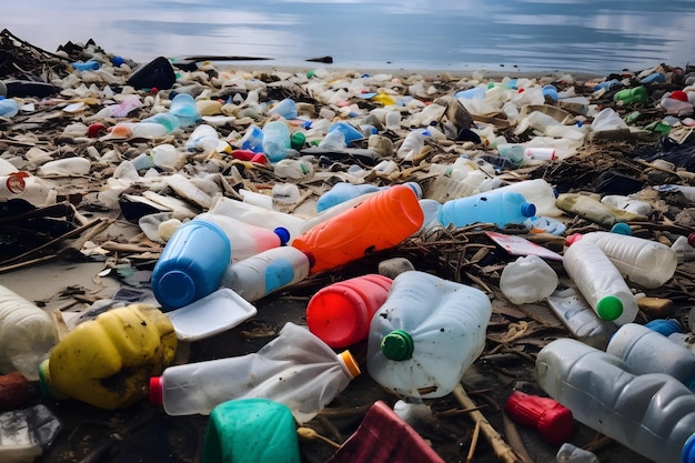 un montón de basura en una playa de mar IA generativa