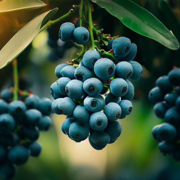 Un montón de bayas azules cuelgan de un árbol.