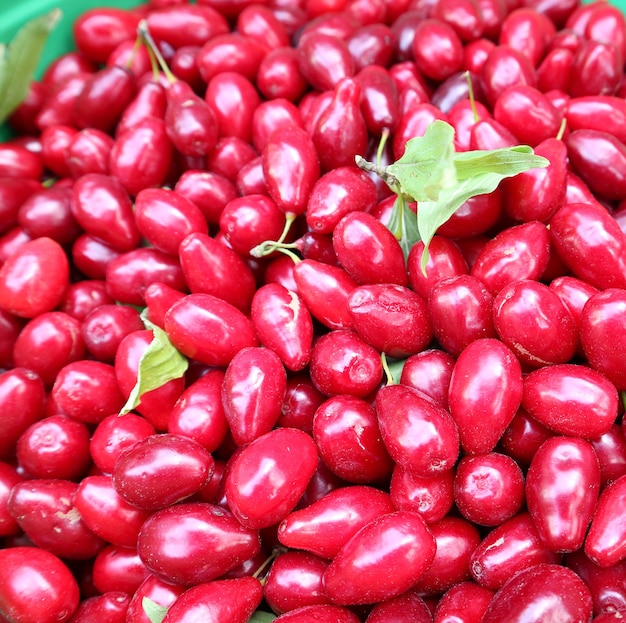 Montón de bayas de Goji maduras frescas para la venta en el mercado