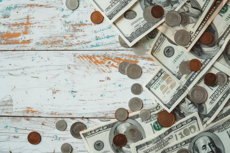Un montón de billetes de dólar y algunas monedas sobre un fondo de madera clara