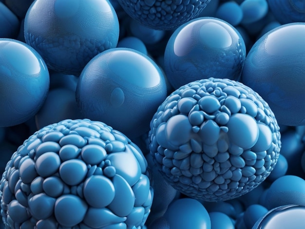 Un montón de bolas azules con burbujas en ellas una imagen raytraced por onpob