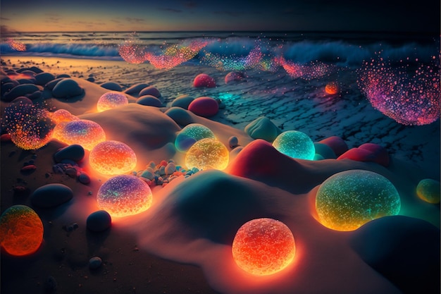 Un montón de bolas brillantes sentadas en la parte superior de una playa de arena generativa ai