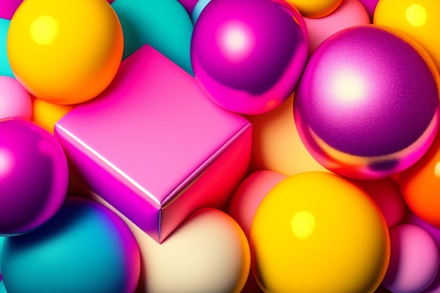 Un montón de bolas de colores con una caja rosa en el medio.