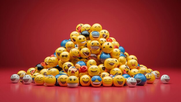 un montón de bolas coloridas con caras sonrientes en ellas