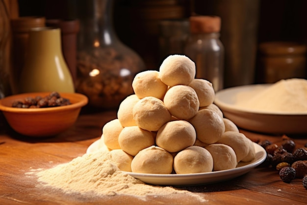 Montón de bolas de masa crudas listas para hornear