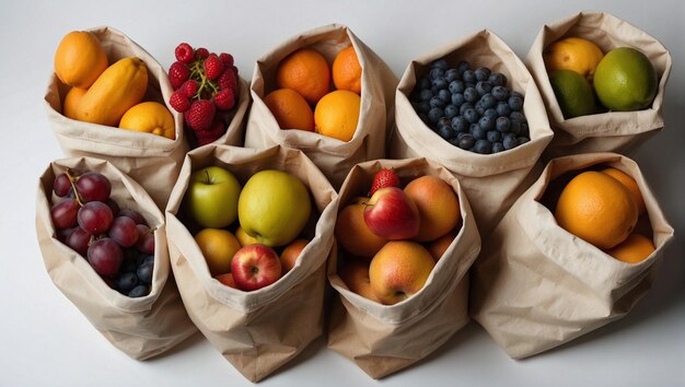 un montón de bolsas reutilizables con frutas variadas